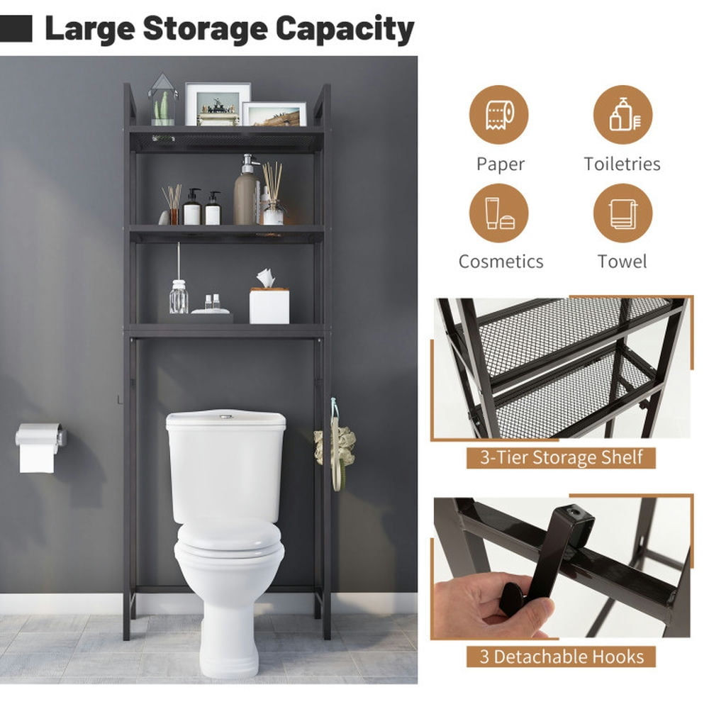Finihen Toilet Storage Rack, Toilet Storage Shelf, Over-The-Toilet Storage Shelf Space Saving Metal Bathroom Organizer Hooks, for Bathroom, Brown