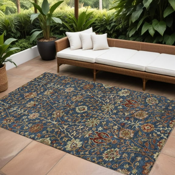 HomeRoots 603429 9 x 12 ft. Navy Blue, Brown & Red Floral Washable Indoor & Outdoor Rectangle Area Rug