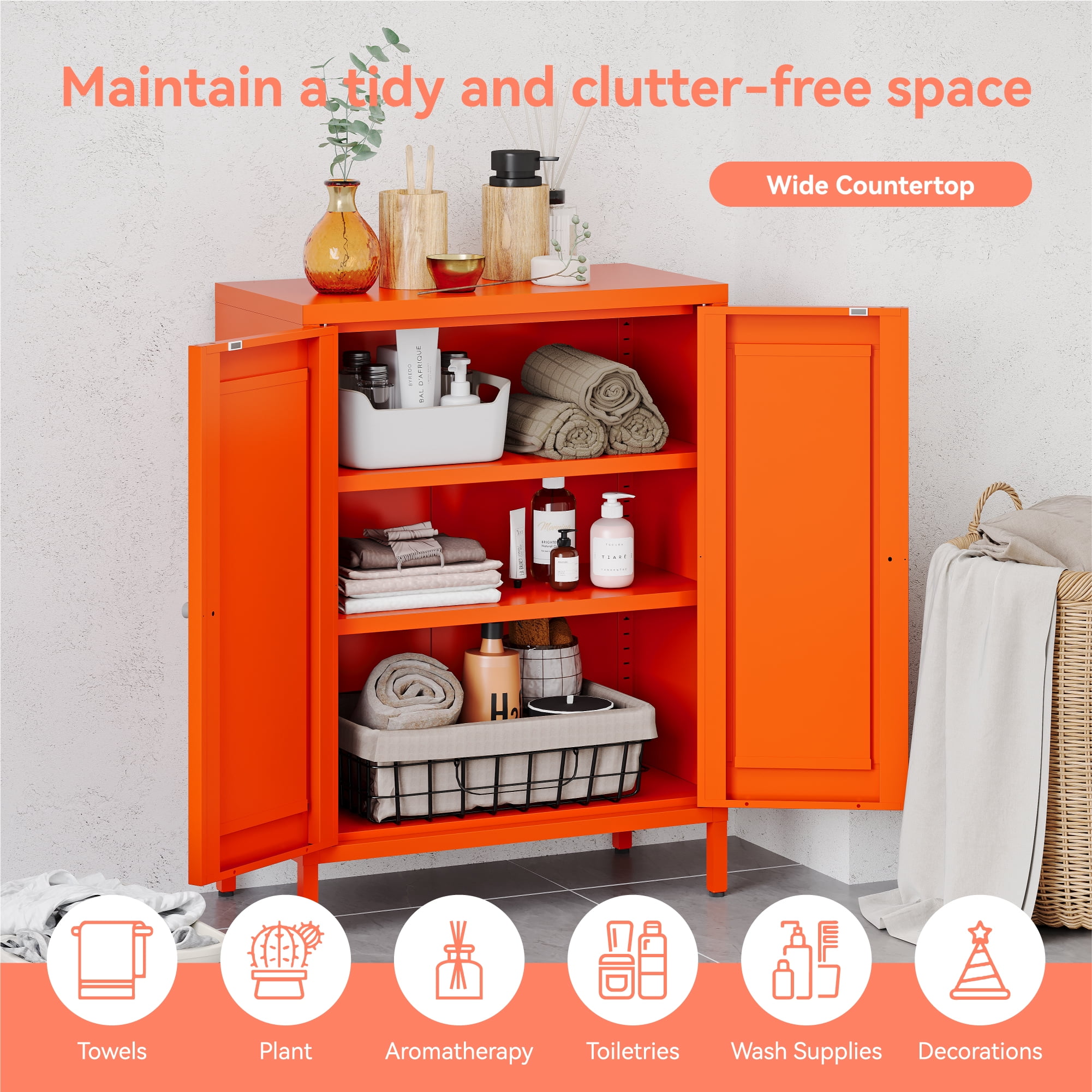 Elegant Bathroom Floor Storage Cabinet,Sideboard Cabinet with Adjustable Shelves,Freestanding Organizer Rust-Proof Locker,Living Room,Hallway,Orange