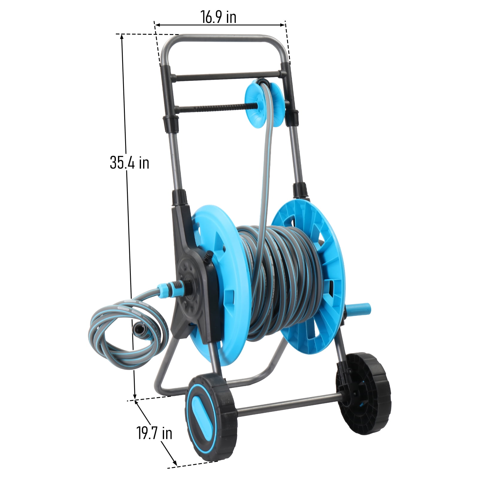 Garden Hose Reel Cart, Iron Frame Plastic Structure, Universal Wheels, 1.9M Water Pipe Connector, Leakproof Outdoor Hose Storage Cart for Yard Lawn