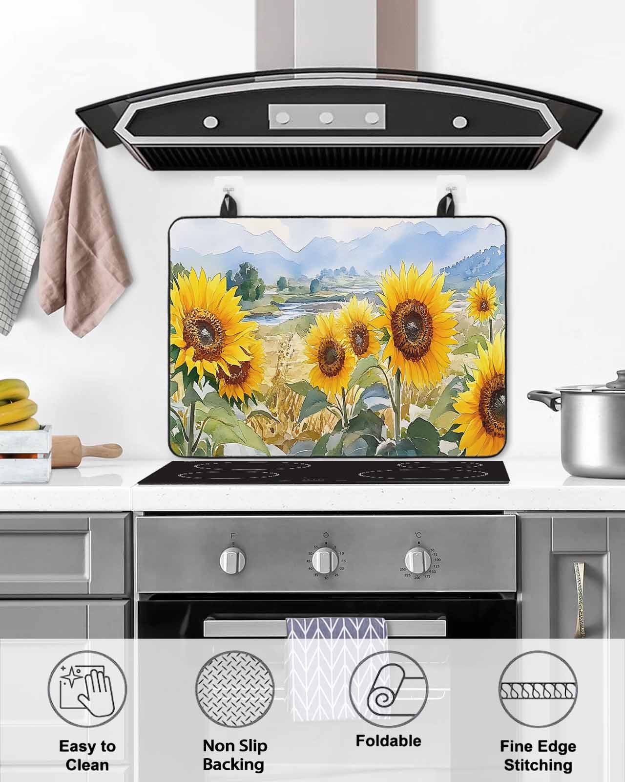 nqOlkjepod Large Induction Cooktop Protector Mat 24"x21", Summer Sunflower Stove Top Covers for Electric Stove, Spring Pastoral Retro Mountain Floral Stove Burner Cover Mats, Glass Top Stove Cover