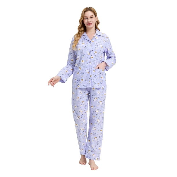 Apparonia Conjuntos de Pijama para Mujer Ropa de Dormir de Algodón Camisa de Manga Larga con Botones Al Frente y Pantalón Ropa de Dormir Cuello con Solapa Pjs Conjuntos de Descanso Cordero Morado M