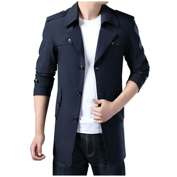 VSSSJ Mens Trench Coat Single Breasted Slim Fit Notch Lapel Mid Long Jackets Long Sleeve Casual Fall Windbreaker Overcoat Dark Blue M