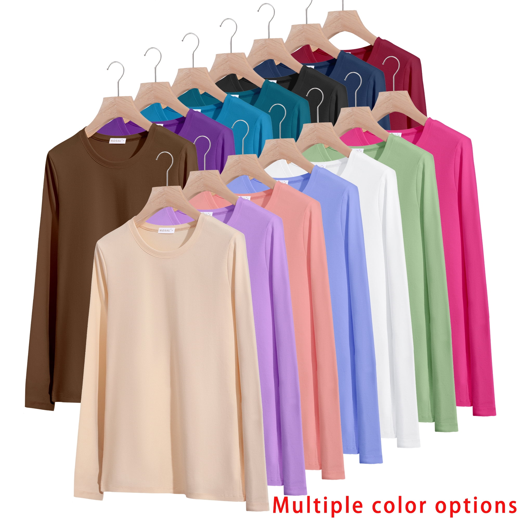 MOSHU 3 Pack T Shirts for Women Crew Neck Long Sleeve Womens shirts Casual Loose Fit Fall Tops