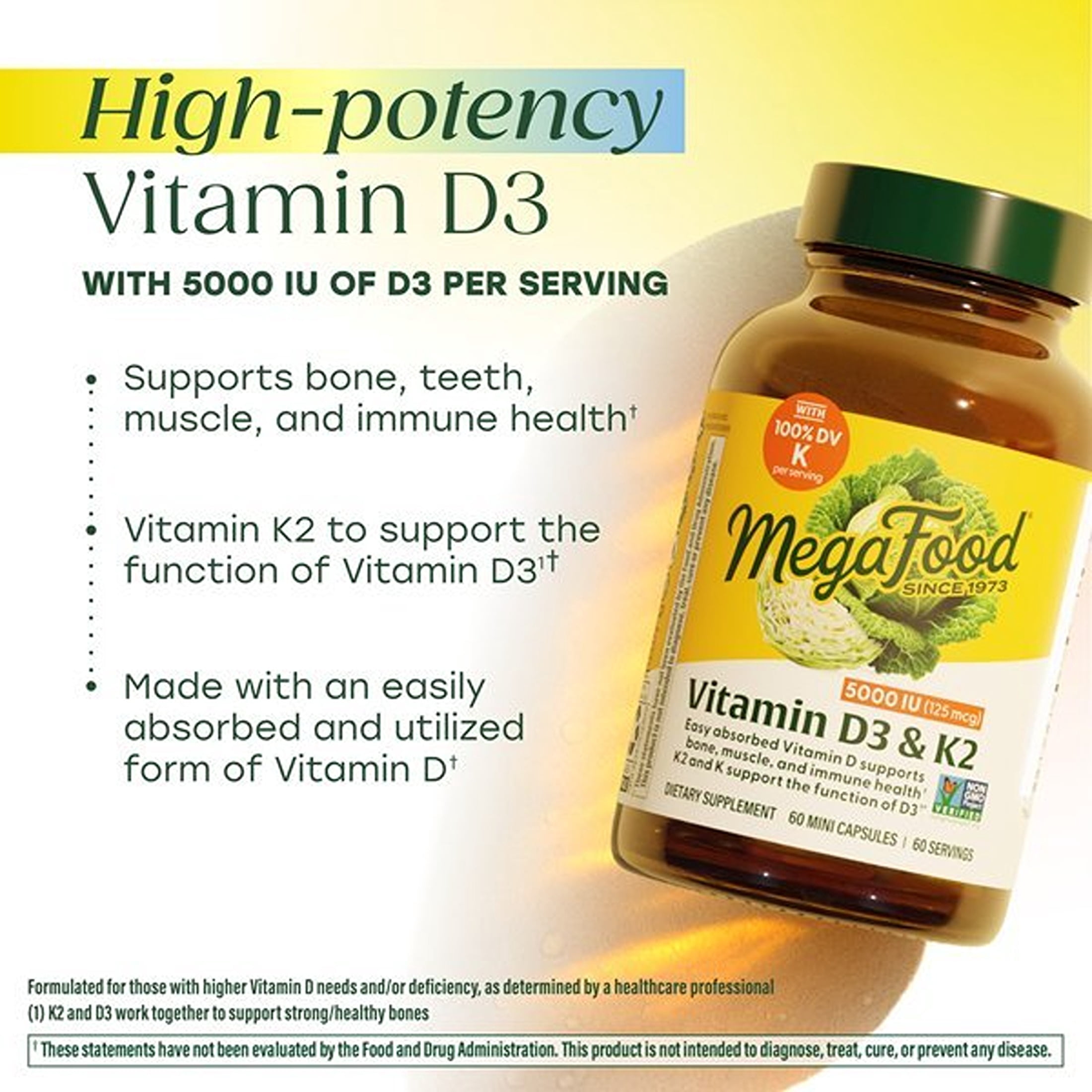 MegaFood Vitamin D3 5000IU (125 mcg) & Vitamin K2 & K - Immune Support - 60 Servings