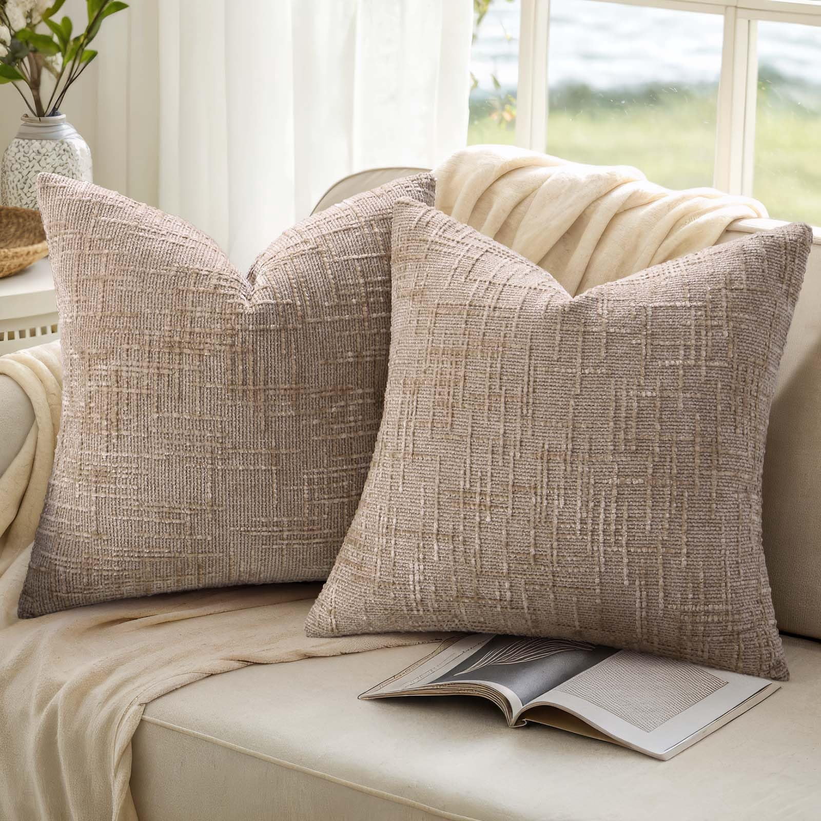 HAPPINESS Chenille Throw Pillow Covers 20x20 Set of 2 Thick Textured Slubby Couch Pillow Covers Farmhouse Accent Modern Neutral Decorative Pillow Cases for Bed Sofa Living Room