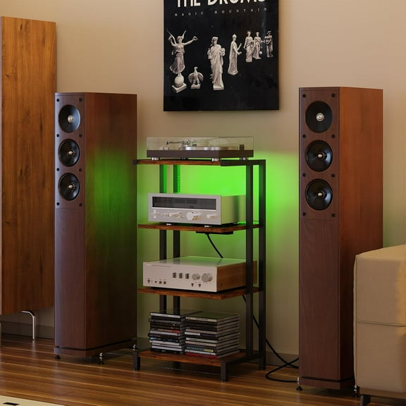4-Tier AV Media Stand with Power Strips,Wooden Corner TV Stand Shelf with LED Lights,Stereo Component Cabinet Audio Rack Stand Tower Ideal for DVD Players,Game Console TV Box,Cable Box,Xbox