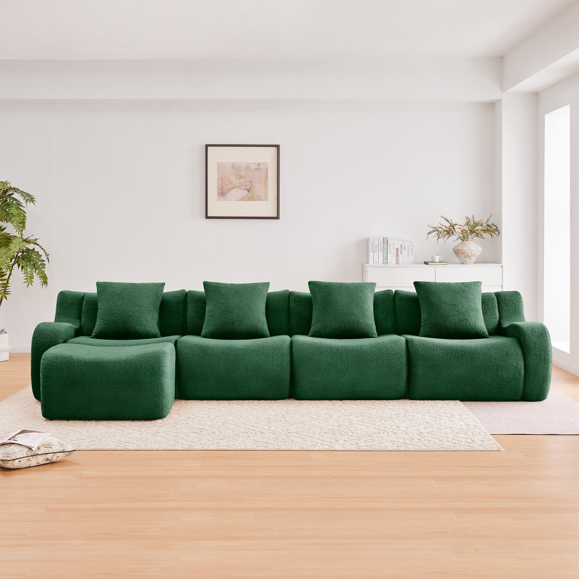 MAYEERTY 148" L-Shaped 4-Seat Teddy Fabric Boneless Sofa, Green 300lbs/seat 32D Foam No Assembly Couch with Chaise for Living Room Study