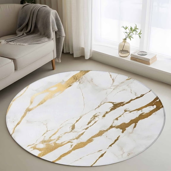 Round Rugs 4Ft, White Gold Modern Round Area Rug Washable Indoor Throw Carpet, Abstract Vintage Marble Geometric Soft Non Slip Circle Rug for Kitchen Nursery Room Home Decor Aesthetic