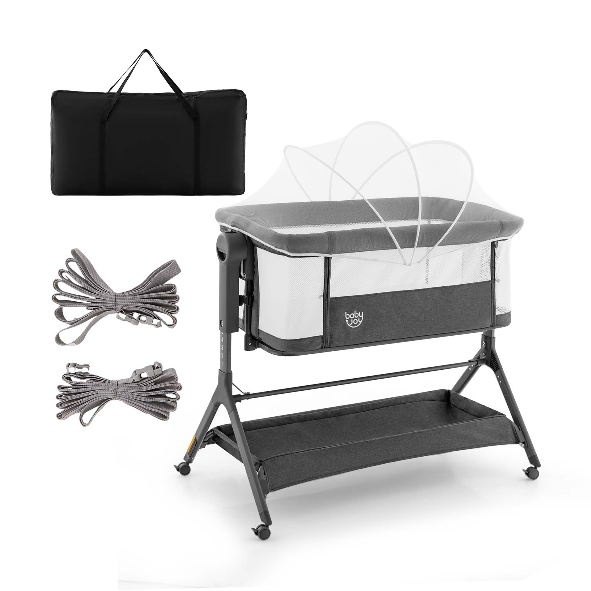 Costway Height Adjustable Bedside Sleeper Baby Crib with Storage Bag 0-6 Months Gray