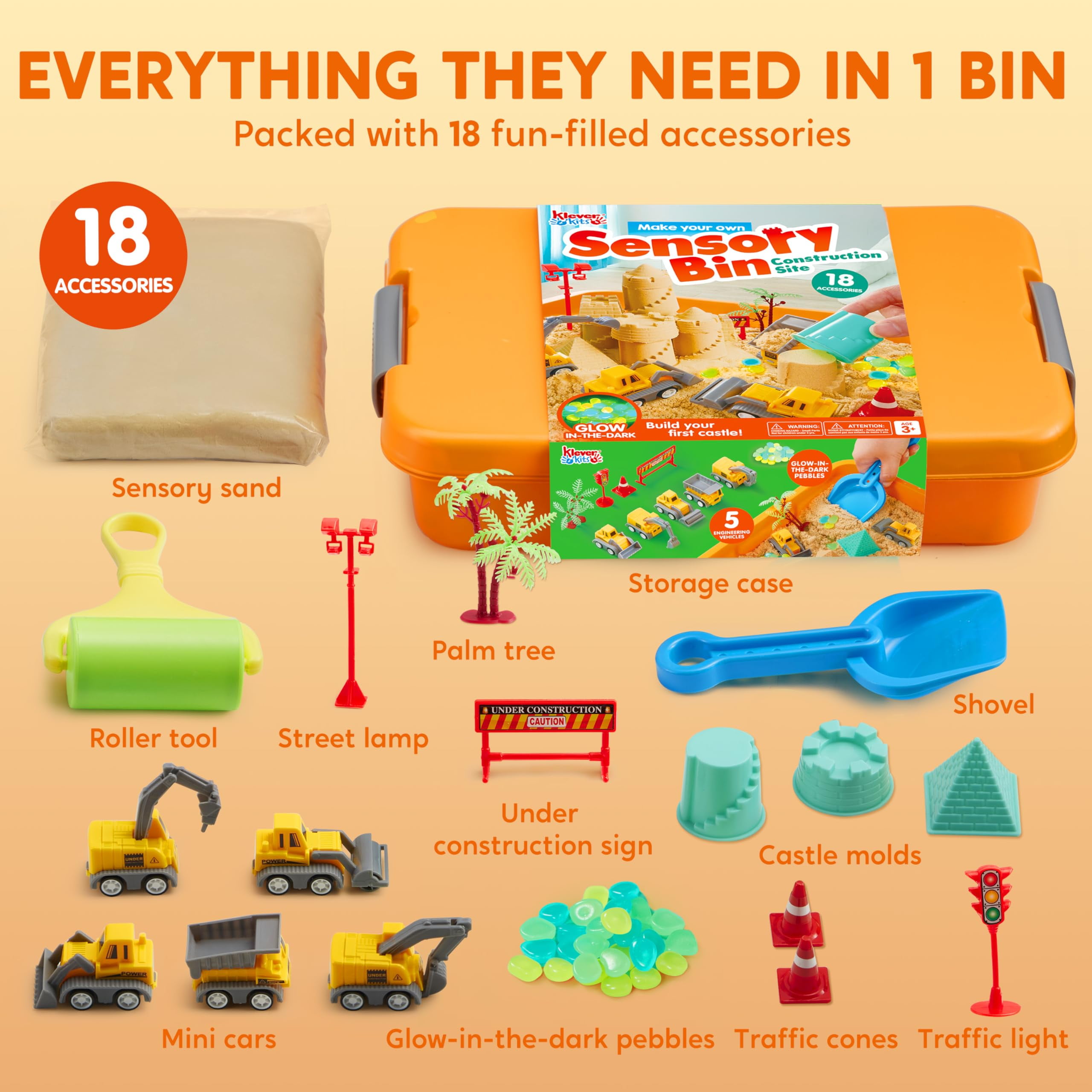 Klever Kits Construction Sensory Bin with Glow-in-The-Dark Stones, Play Sand Toy Gifts for Boys Girls Age 3+