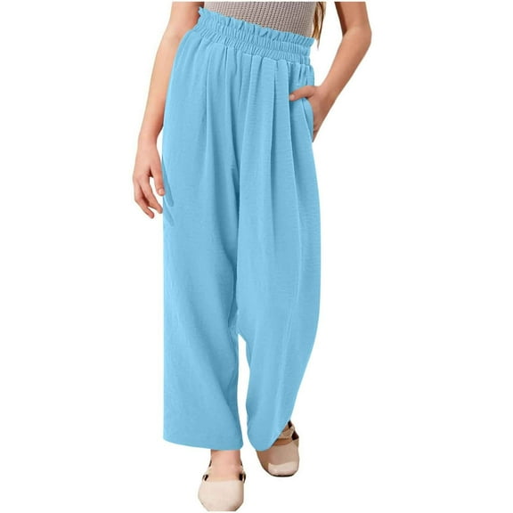 ZACPNCV Teen Girls Cotton Wide Leg Pants Drawstring Kids Casual Lightweight Flowy Palazzo Pants Lounge Long Blue 10-11 Years