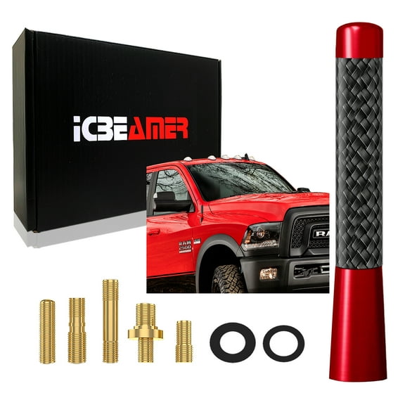 ICBEAMER 3" 76 mm Aluminum Red w/ Carbon Fiber Universal AM/FM Radio Antenna Screw-in Stubby Aerial Replacement
