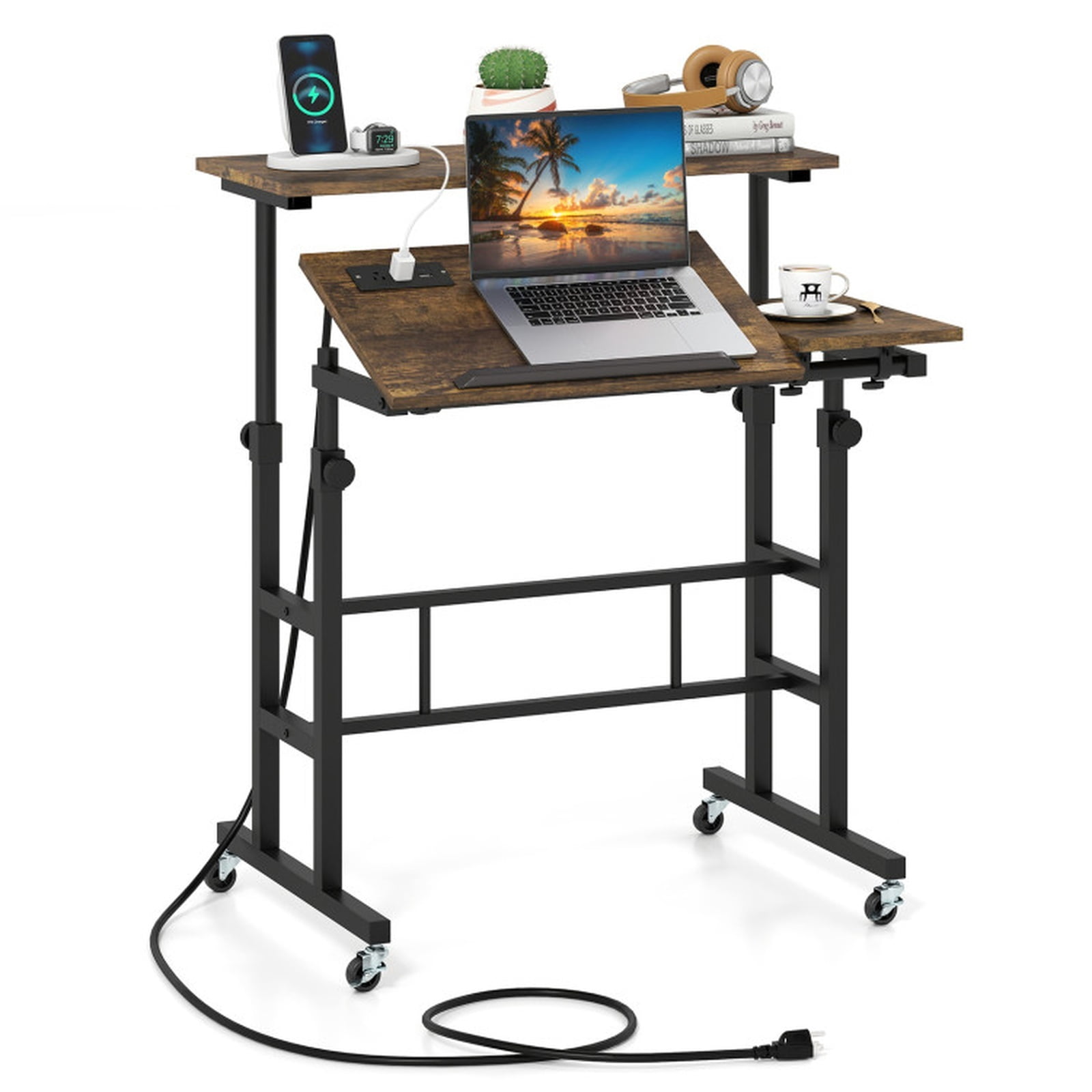 Furnibear Height Adjustable Mobile Standing Desk with Power Outlets Tilting Tabletop Rolling Laptop Cart and Wheels for Home Office, Rustic Brown
