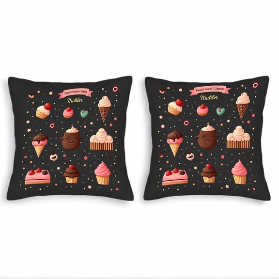 Set of 2 Decorative Throw Pillow Covers 18x18in - Whimsical Dessert Design with Cupcakes Ice Cream and ' Sweetest Sweets ' Banner