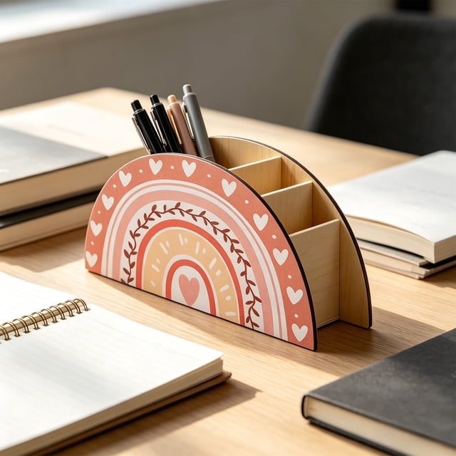 Boho Rainbows Wooden Pen Holders Desk Organizer With Heart Designs For Office School And Kidsed Room Decor