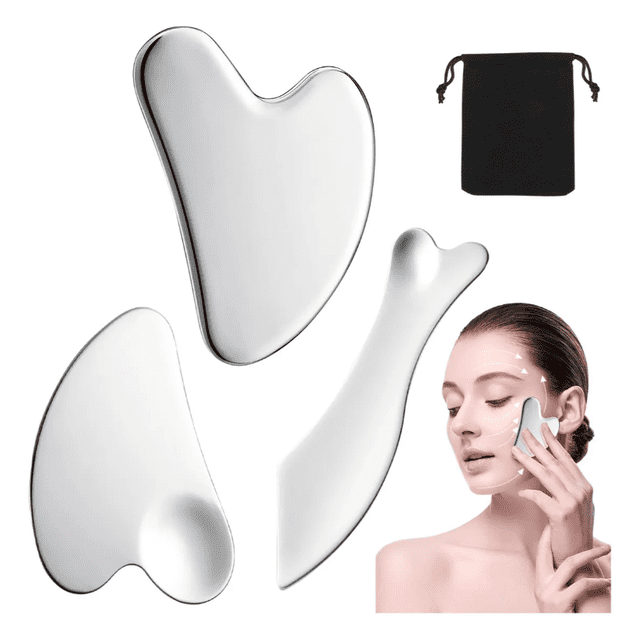 Kit 3 Piezas Guasha Facial Acero Inoxidable Para Masajes Cuello Modelo Plata