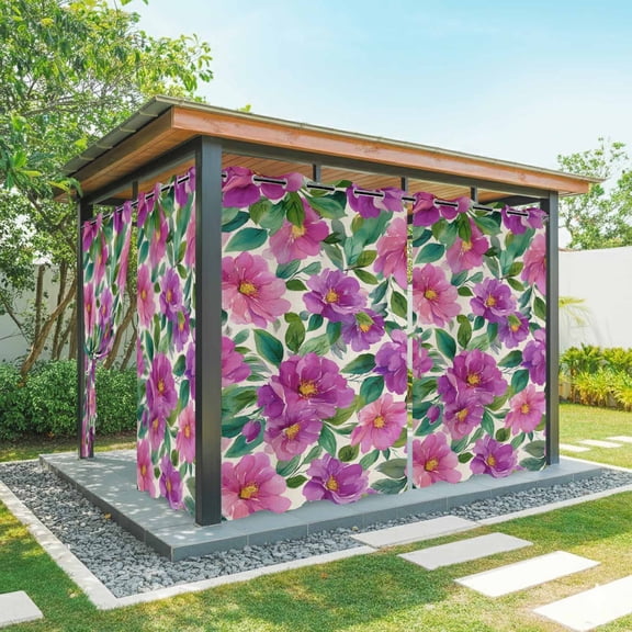 1 Panel Outdoor Curtains for Patio Waterproof 54"x84", Purple Flowers Weatherproof Privacy Outsides Curtains, Spring Watercolor Floral Leaves Botanical Beige Grommet Thermal Drapes for Cabana Porch