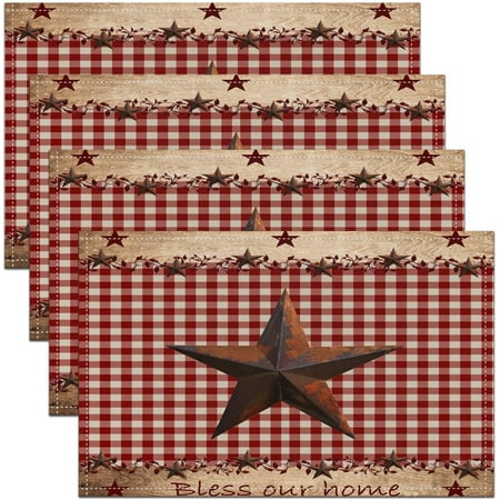 

Western Texas Star Placemat for Kitchen Dining Table Decor Indoor Outdoor 18 x12 Vintage Brown Table Place Mats Red Beige Plaid Farmhouse Placemats Set of 4 Rustic Western