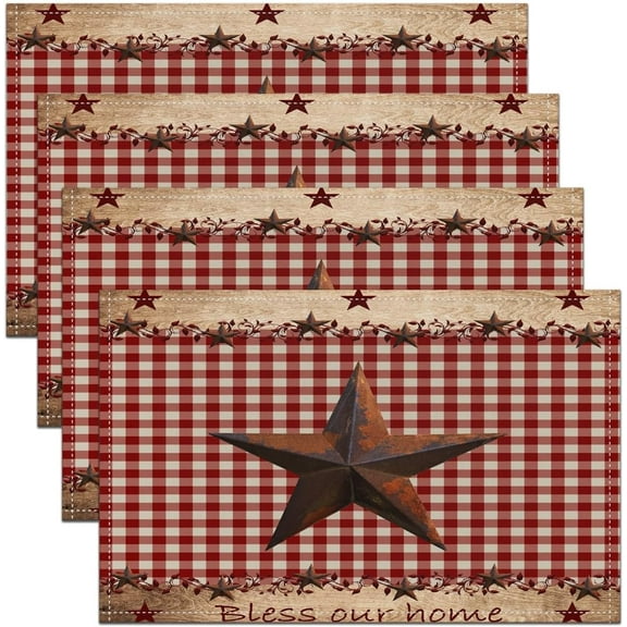 Western Texas Star Placemat for Kitchen Dining Table Decor Indoor Outdoor 18"x12", Vintage Brown Table Place Mats, Red Beige Plaid Farmhouse Placemats Set of 4 Rustic Western