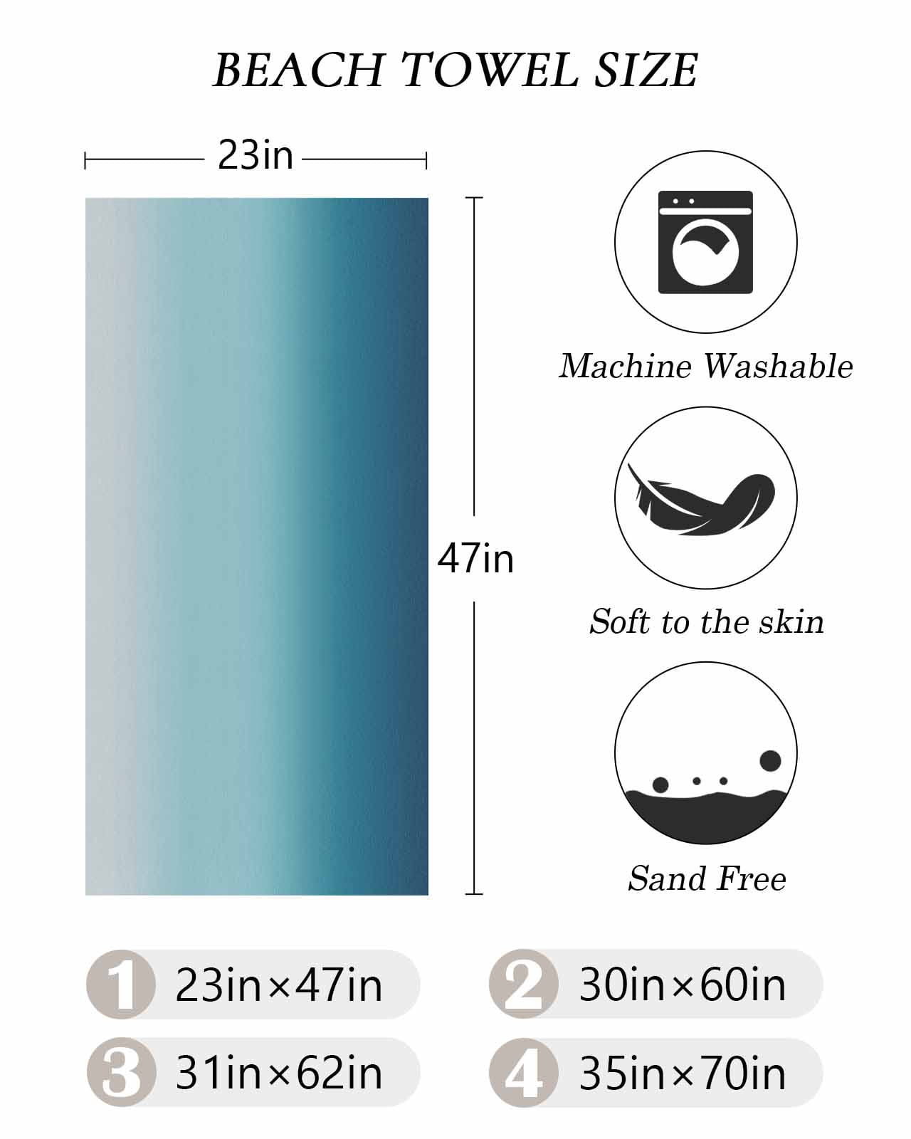Navy Blue Ombre Beach Towels Oversized Super Absorbent, Teal White Gradient Modern Abstract Art Lightweight Bath Towel Quick Dry Sets For Bathroom/Pool/Rv Camping/Beach Play/Gym Room/Picnic 35"x70"