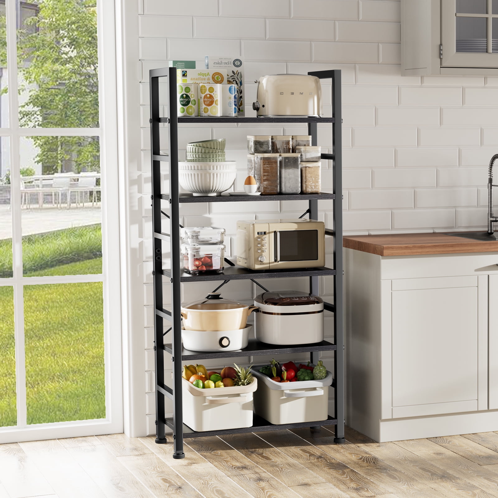 GIANNA 5-Shelf Wood and Metal Storage Shelf with Adjustable Feet, Waterproof & Scratch-Resistant, Black