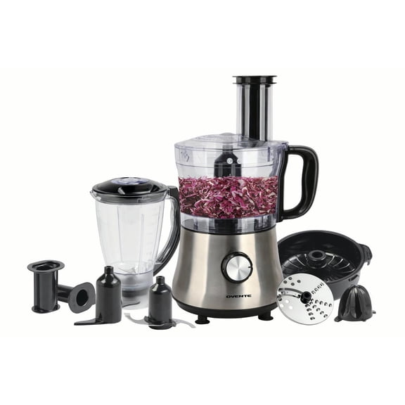 OVENTE Electric Food Processor & Vegetable Chopper 8-Cup Capacity with Stainless Steel Slicer or Shredder, 2 Speed Control, Powerful 500 Watts Processor for Large Food Ingredients, Silver (PF6007S)
