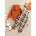 thumbnail image 3 of Newborn Baby Boys Clothes 3 Months Boys Pant Set Newborn Boys Long Sleeve Hooded Romper Top Plaid Overall Pants 2PCS Outfits Set Brown, 3 of 10