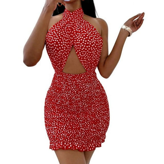 YCNYCCHY Women Close-fitting Backless Dress Sexy Floral Printed Pattern Halter Neck Hollow Out Short Dresses Summer 2023 Club Wear