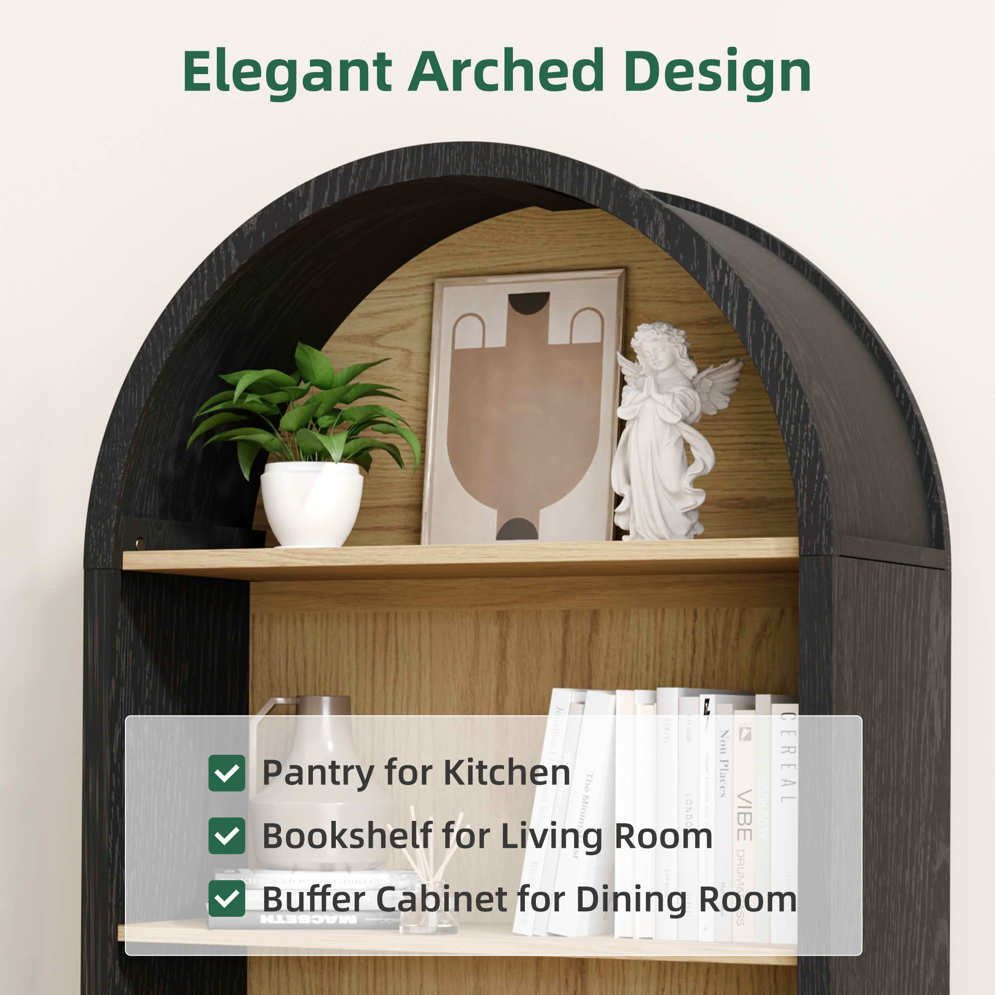MAYEERTY 25.6"×10.2"×60" Black Arch Decor Cabinet, Cross Doors Black Beech Wood for Living Room