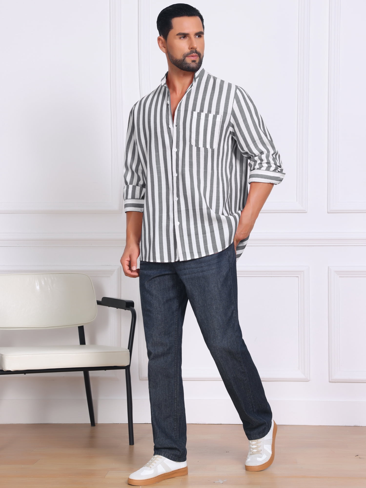 DARING DIVA Men's Striped Stand Collar Long Sleeve Button Down Shirt XL Black