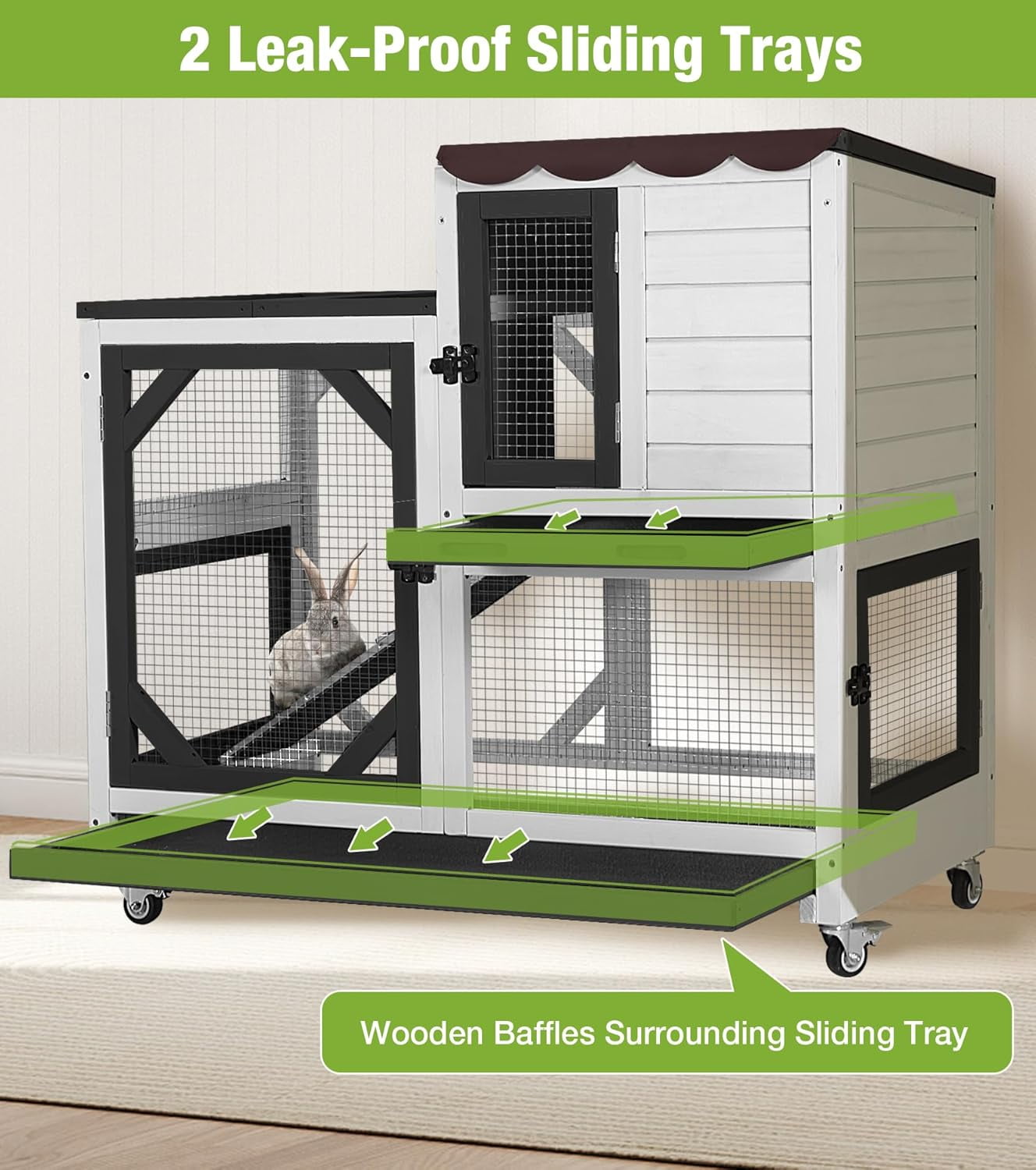 MEDEHOO Duplex Rabbit Hutch Indoor with Chew-Proof Frame & 2 Leak-Proof Sliding Trays, Rain Cover, Wooden Guinea Pig Cages with Wheels - Black and White