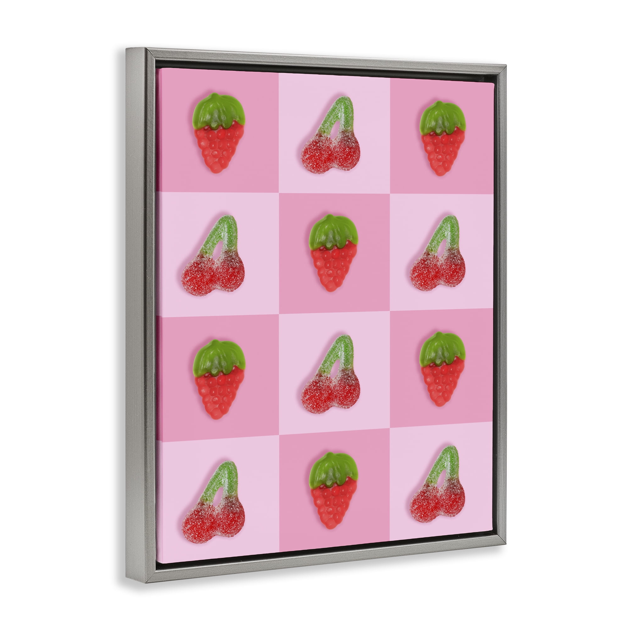 Stupell Industries Gummy Strawberry and Cherry Checkerboard Gray Framed Floater Canvas Wall Art, design by LISH Creative
