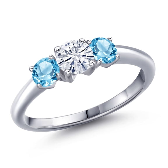 Gem Stone King 925 Sterling Silver White Moissanite and Swiss Blue Topaz Engagement Ring for Women | 1.21 Cttw | Round 5MM | Gemstone Birthstone | Size 7