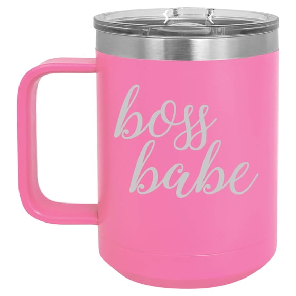 15 oz Tumbler Coffee Mug Travel Cup With Handle & Lid Vacuum Insulated Stainless Steel Boss Babe (Hot Pink)