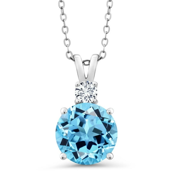 Gem Stone King 925 Sterling Silver Swiss Blue Topaz and White Lab Grown Diamond Pendant Necklace for Women (4.73 Cttw, Gemstone November Birthstone, Round 10MM, with 18 inch Chain)