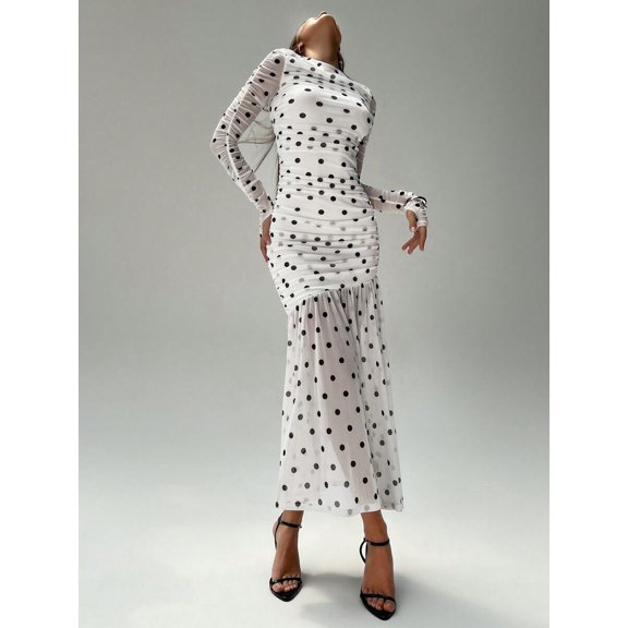 Black And White Polka Dot Ruched Mesh Long Sleeve Maxi Dress With Pleated Waist