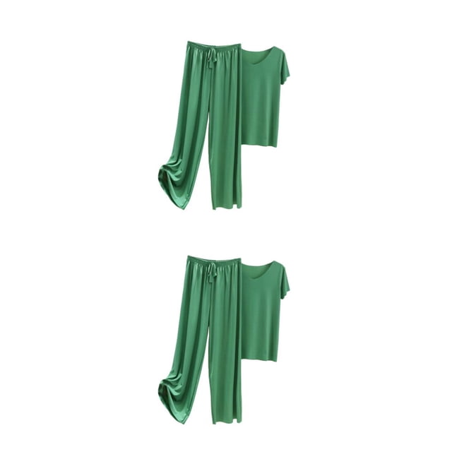 Qarigey Women Ice Silk Satin Pajama Set Short Sleeve Pieces V-neck Loose Pants T-Shirt Loungewear Summer Clothing Two Cotton Type1 NO1