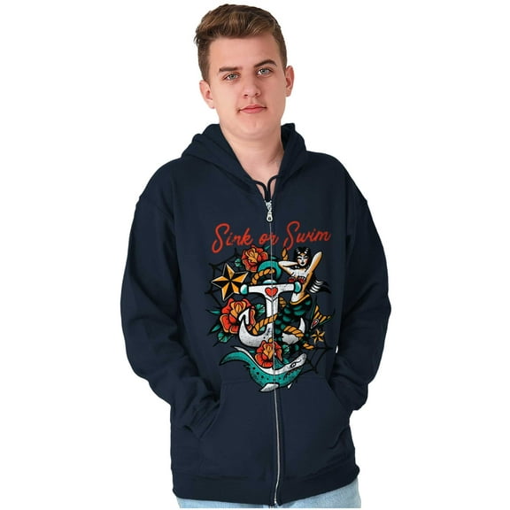 Sink or Swim Anchor Mermaid Tattoo Unisex Fleece Graphic Zip Up Hoodie Brisco Brands 2X