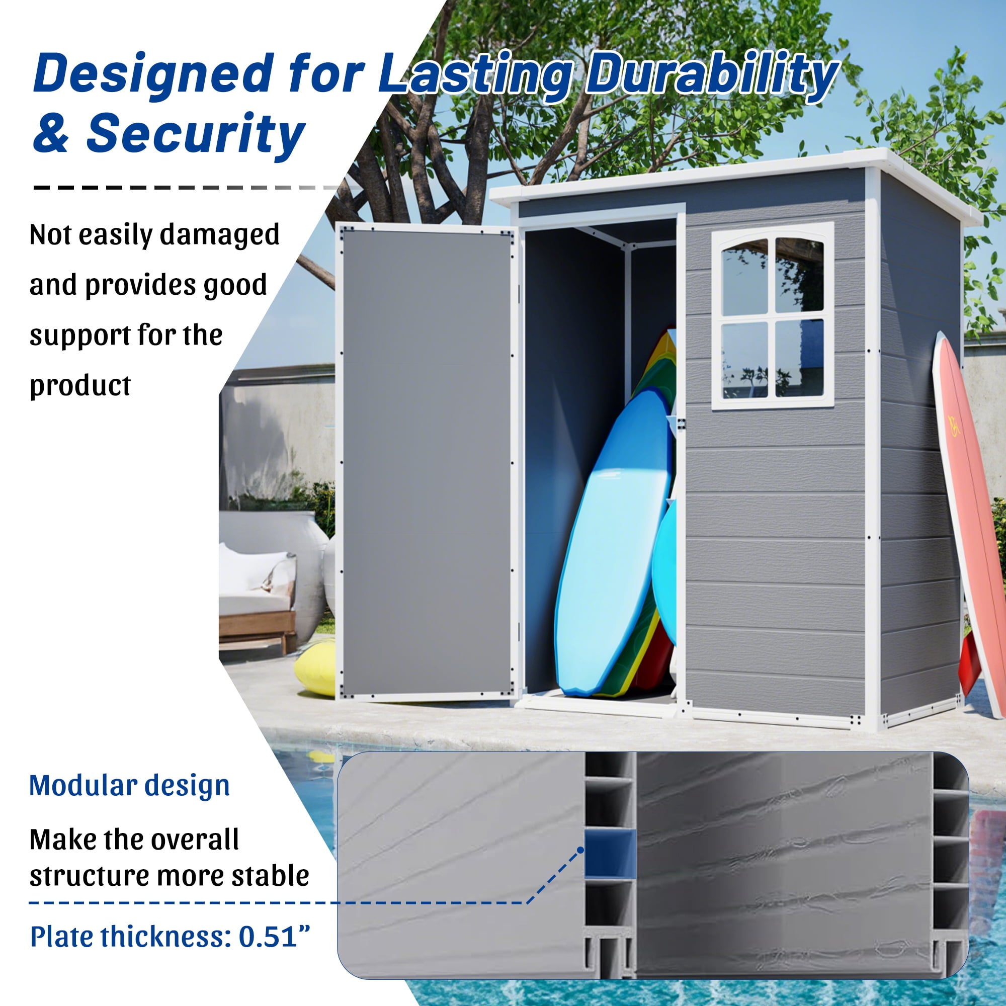 Seizeen 5x3FT Outdoor Storage Shed with Floor, Plastic Garden Tool Shed w/Lockable Door & Window, Waterproof Wood Grain Patio Storage Versatile Design