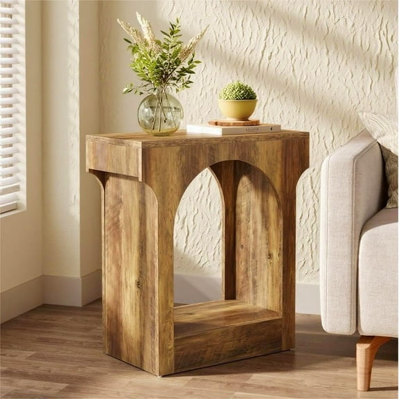 Fnova Arched End Table, Wood Narrow Side Table with Bottom Shelf, Small Space Accent Furniture for Living Room, Bedroom Nightstand, Easy to Assemble