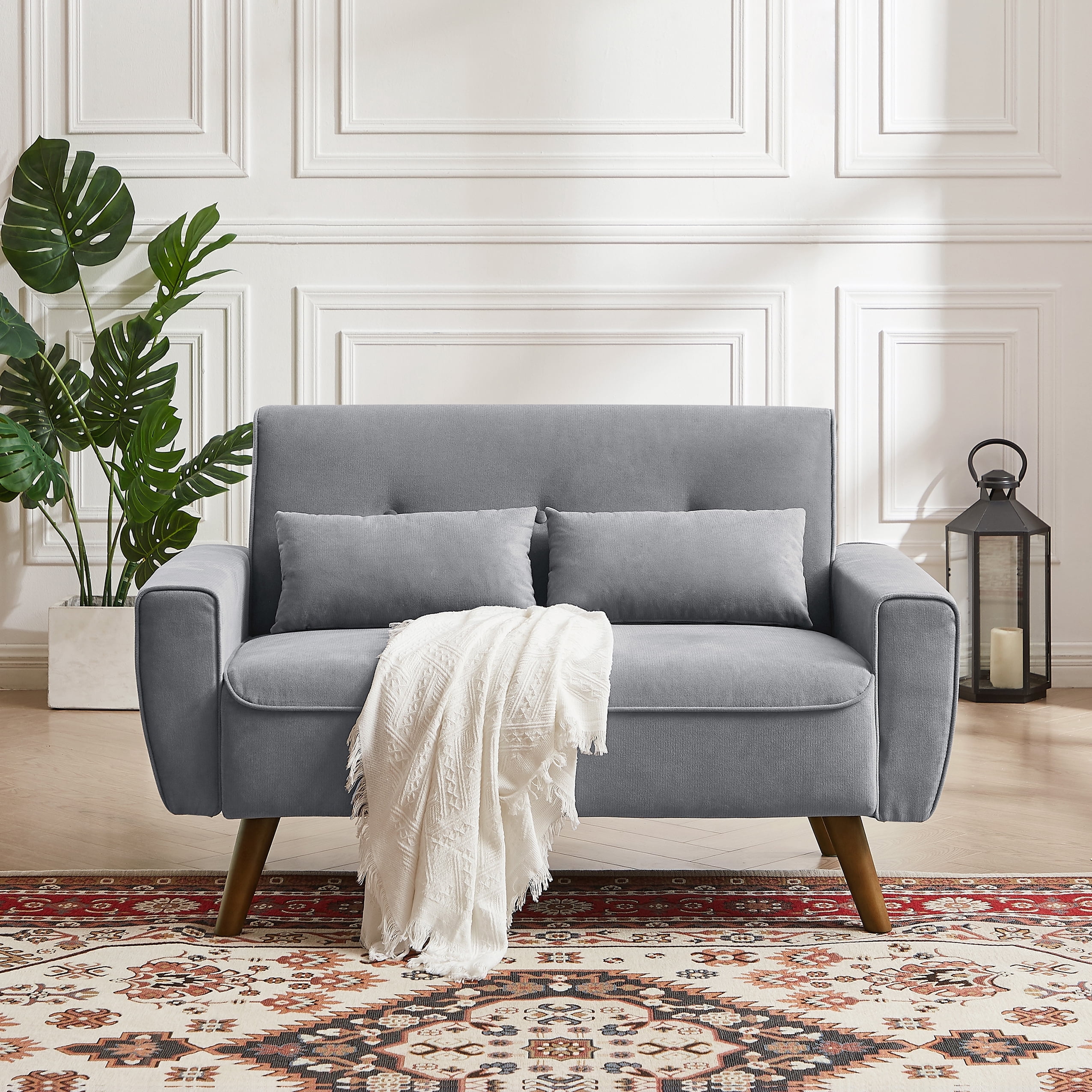 Tornama 47" Small Modern Loveseat Sofa, Mid Century Linen Fabric 2-Seat Sofa Couch Tufted Love Seat with Back Cushions and Tapered Wood Legs for Living Room, Bedroom and Small Space LightGrey