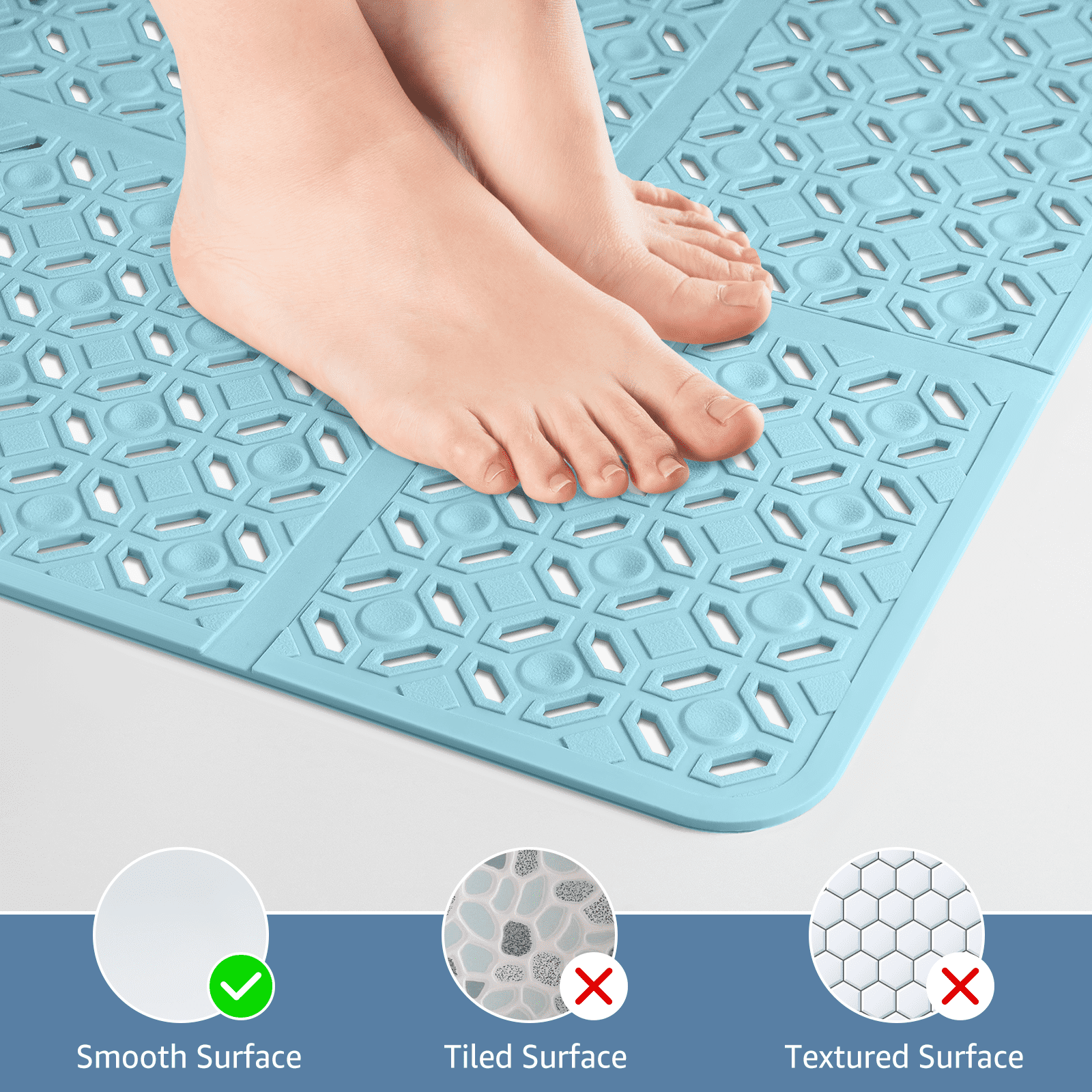 Yolife 27" x 27" Square Shower Mat, Non-Slip TPE Bath Mat with Drain Hole & Suction Cups, Machine Washable Soft Floor Mat for Tub or Stall,Blue
