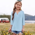 thumbnail image 2 of YunPes Girls 3/4 Sleeve Short Sleeve Shirts V Neck Girls Tee Teen Kids Casual Flowy Half Button Loose Blouse Summer Tops 3‐13 Years, 2 of 5