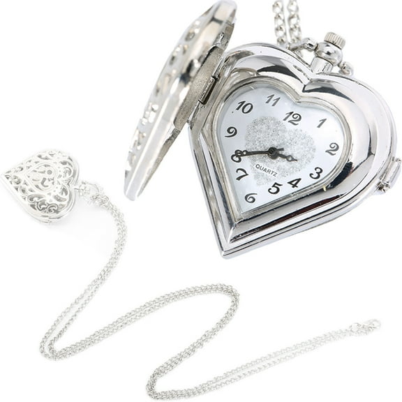 Hollow Quartz Heart Shaped Pocket Watch Necklace Pendant Chain Clock Women Gift