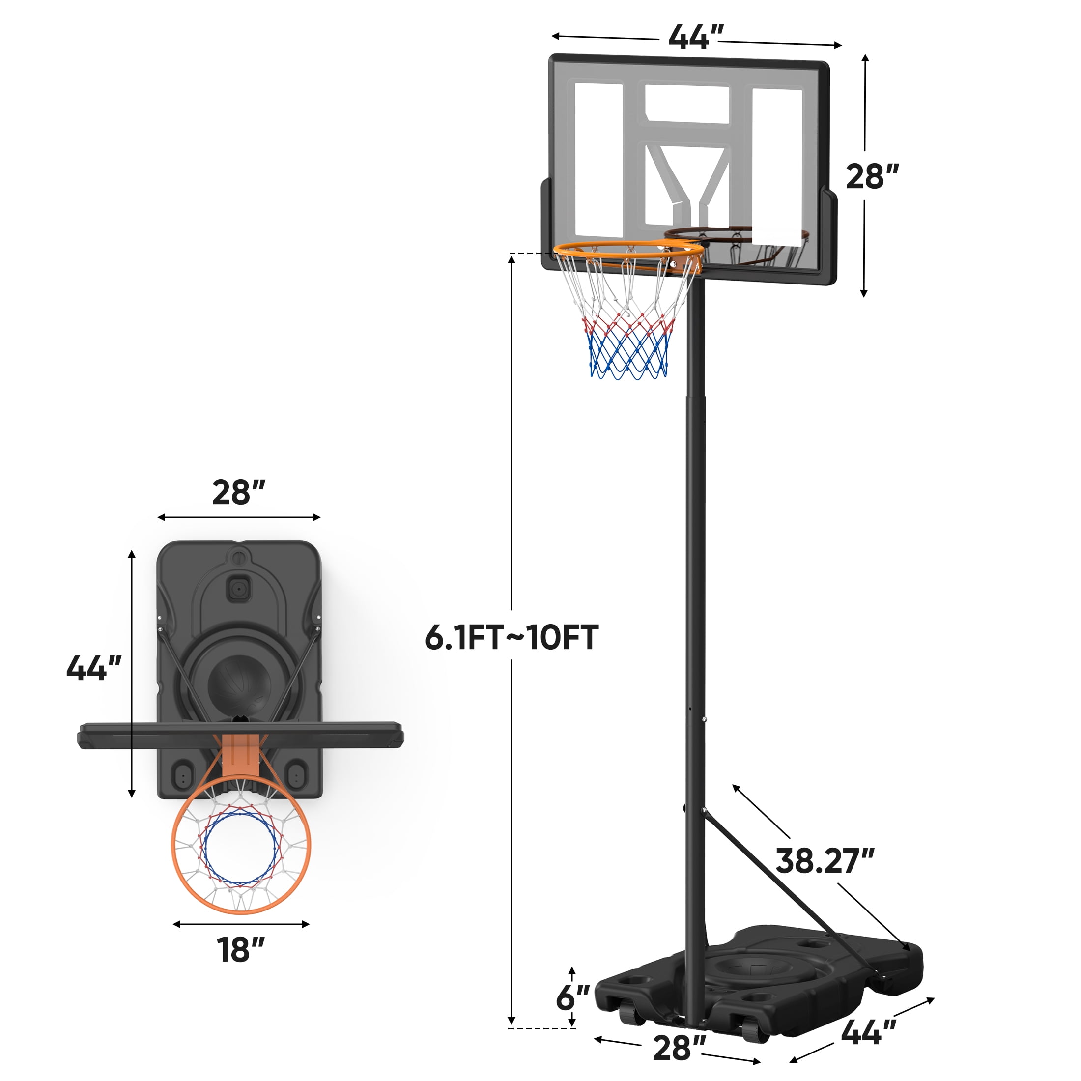 ZUNMOS 6.1-10ft Outdoor Portable Basketball Hoop Goal System, 44 In Shatterproof Backboard, Adjustable Height for Backyard, Poolside