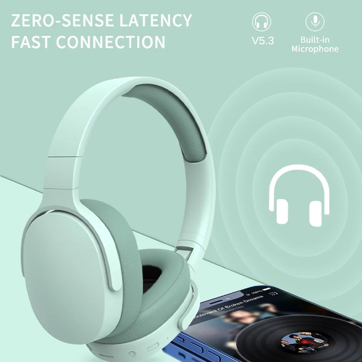 Wireless On-Ear Headphones, Upgraded Bass HiFi Stereo Wireless Headset, Foldable and Wireless Wired Mode, Soundproof On-Ear Headphones with Mic and Volume Control for PS5, PS4, PC, Switch, Mac- Green