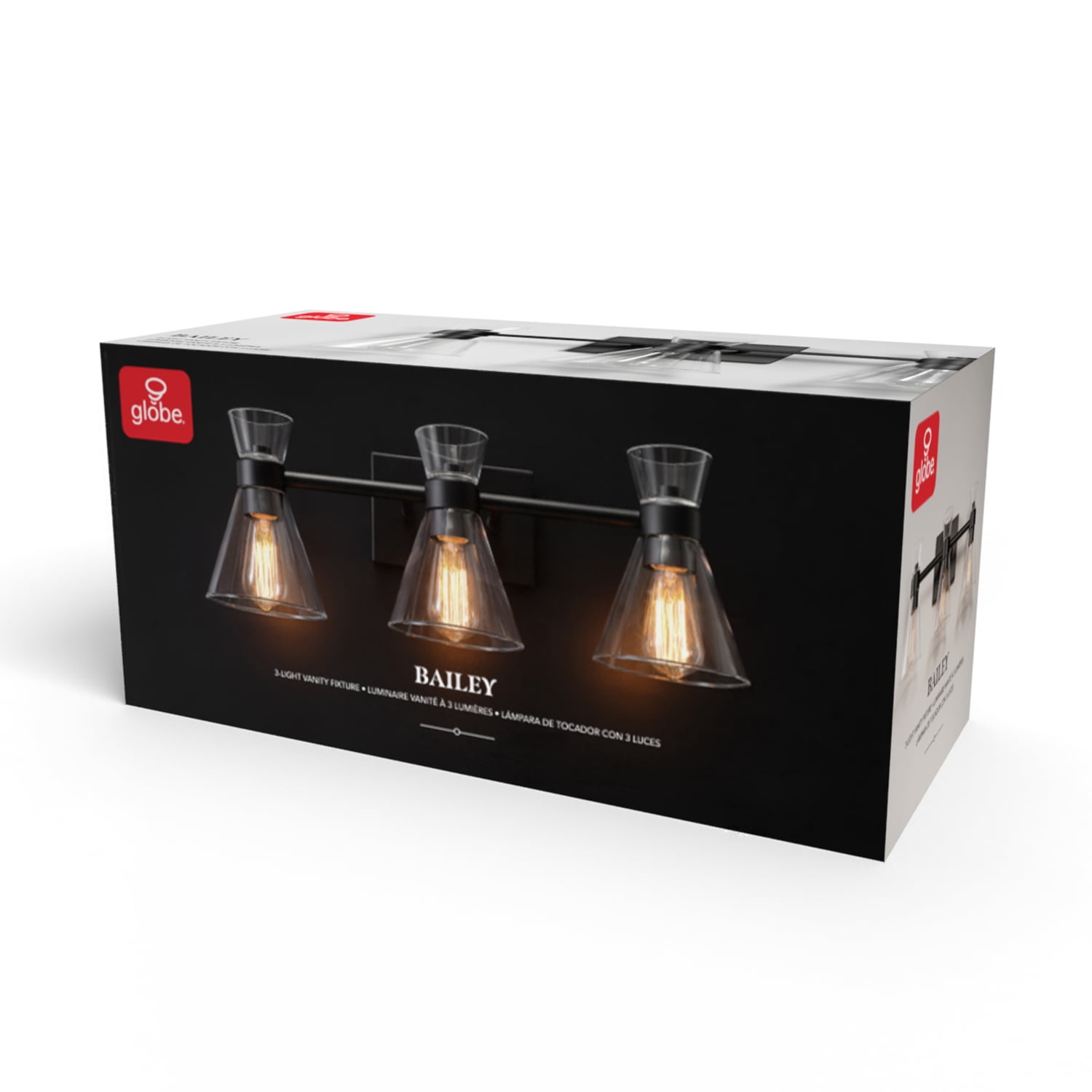 Globe Electric Lofty Chic Style 3-Light Matte Black Vanity Light with Clear Glass Shades, LED Bulbs