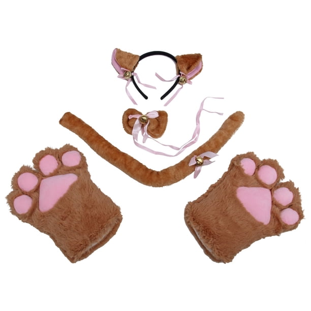 FELTECHELECTR Conjunto de 5 piezas de disfraz de gato creativo para cosplay, con orejas de gatito, collar y patas, guantes para fiesta (bronceado claro).