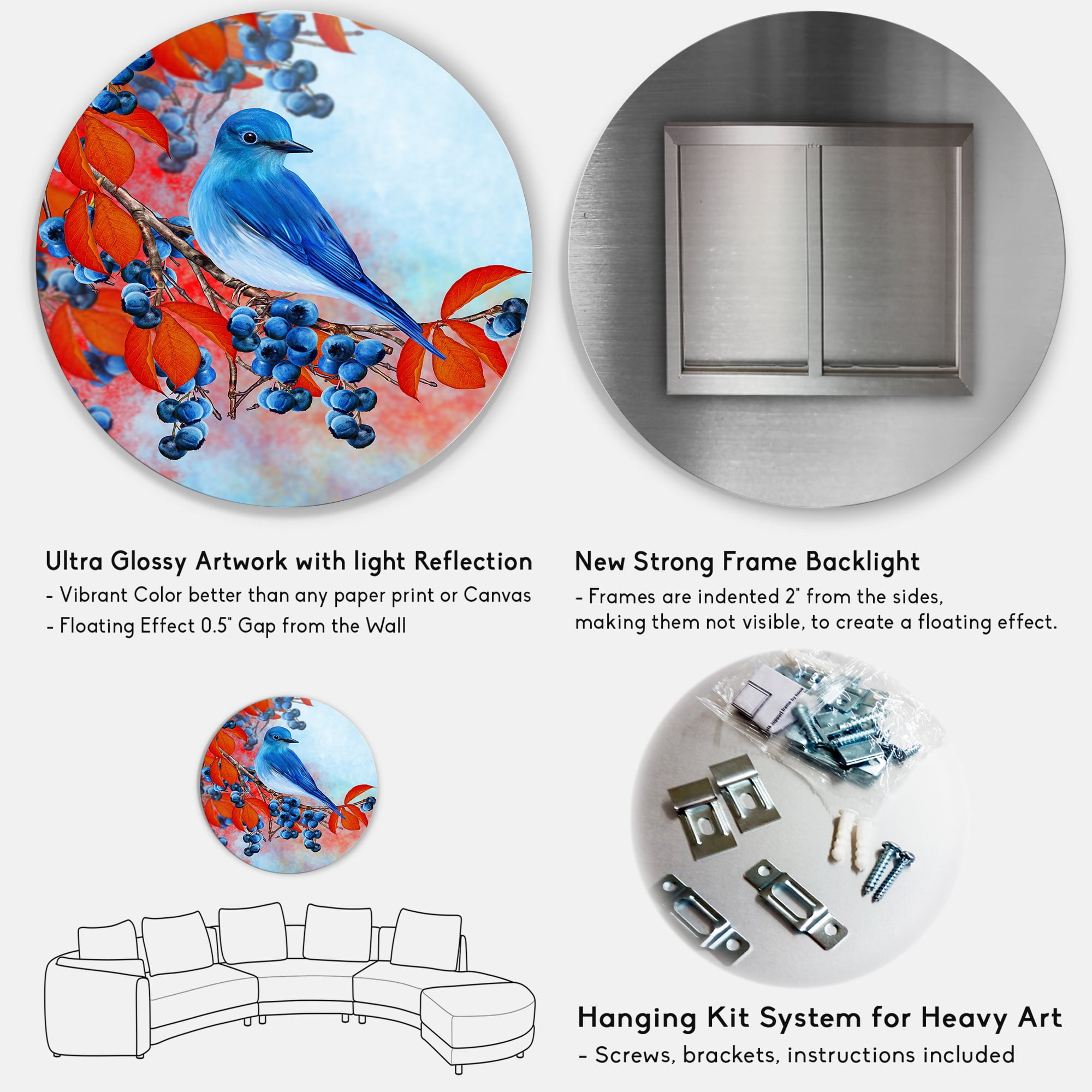 Designart 'Bright Bird Bullfinch Sitting On A Branch of Berries III' Traditional Circle Metal Wall Art 36x36 - Disc of 36